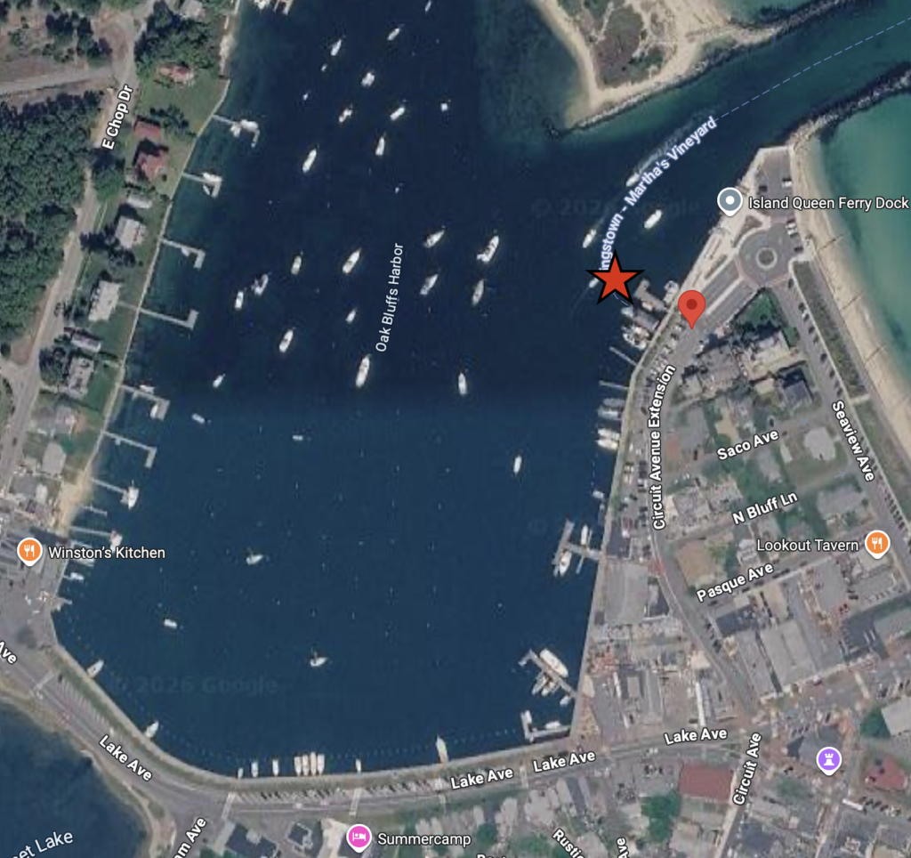Oak Bluffs Marina Map Aerial map of Oak Bluffs Harbor showing the charter pickup dock location