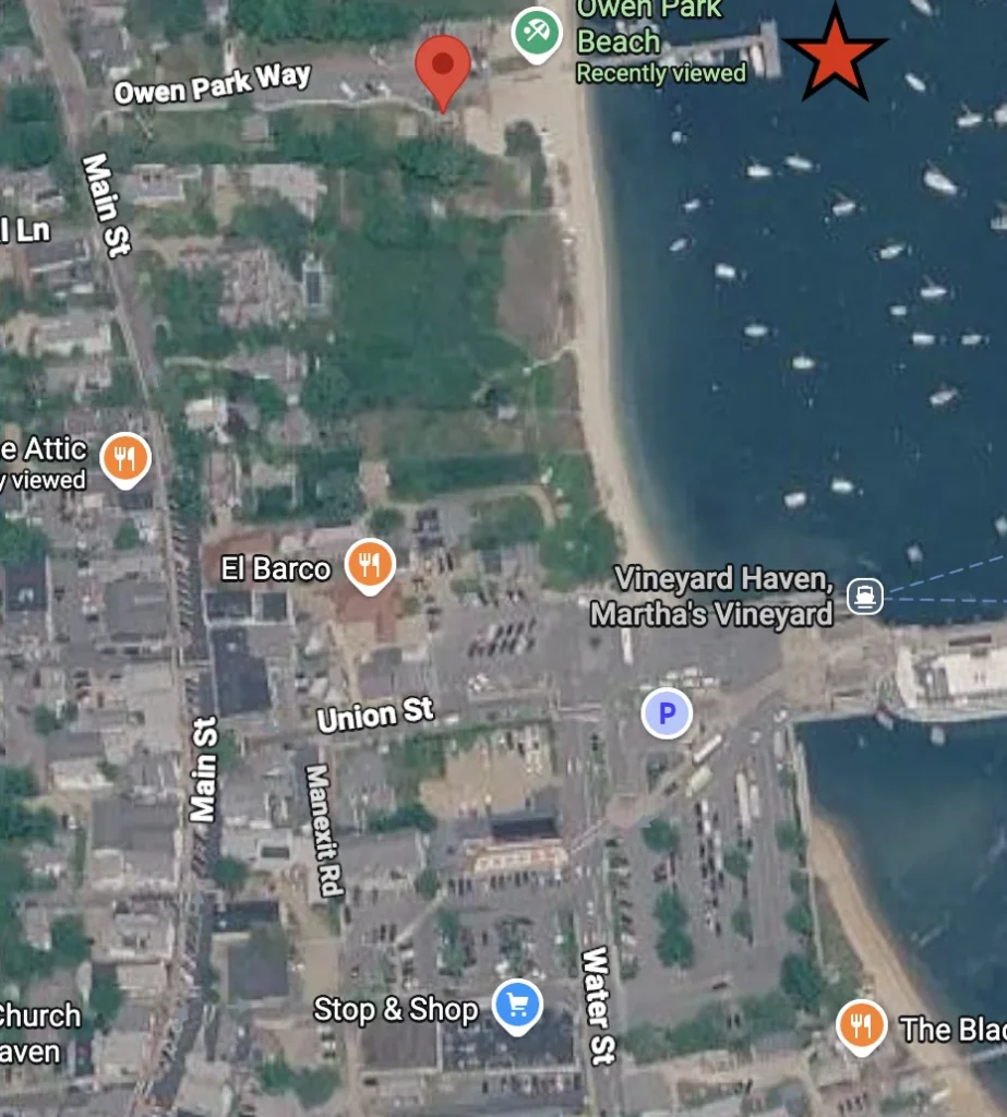 owen park dock map charter pick up spot Map of Owen Park dock in Vineyard Haven marking the charter pickup spot